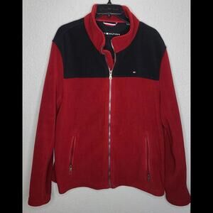 Tommy Hilfiger Full Zip Polar Fleece Red Black Jacket Zip Pockets Men’s Size L